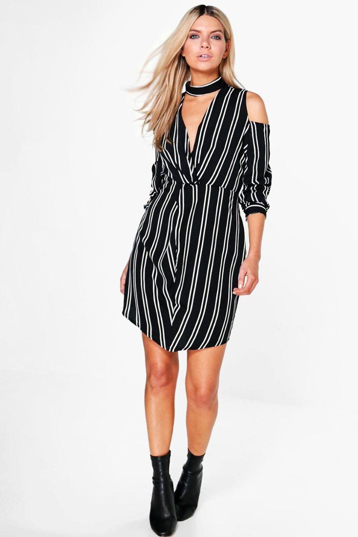 Boohoo Cara Stripe Plunge Cold Shoulder Shift Dress Black
