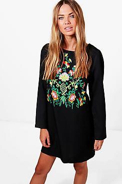 Boohoo Lois Embroidered Long Sleeve Shift Dress