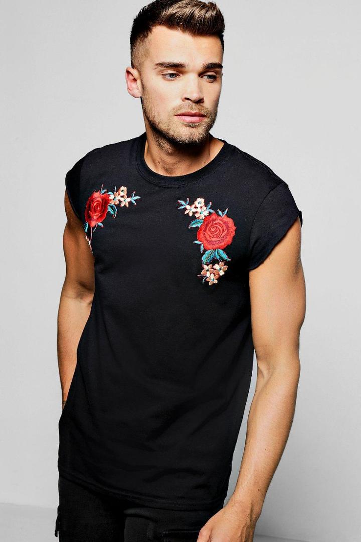 Boohoo Rose Embroidered Tank Black