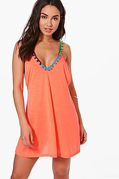 Boohoo Molly Pom Pom Swimg Beach Dress
