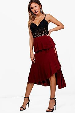 Boohoo Kylie Asymetric Drop Ruffle Midi Skirt
