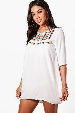 Boohoo Aleena Embroidered Pom Pom Trim Beach Cover Up Dress