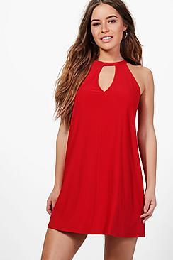 Boohoo Petite Lorna Tie Neck Cut Out Swing Dress