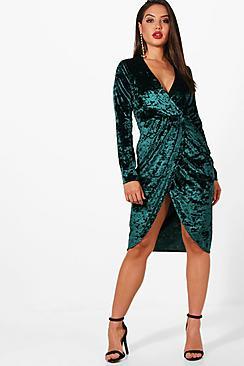 Boohoo Velvet Long Sleeve Wrap Bodycon Dress