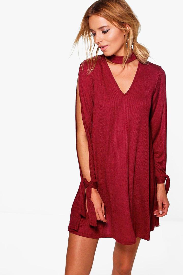 Boohoo Leila Choker Sleeve Detail Rib Knit Swing Dress Merlot