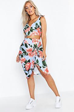 Boohoo Plus Floral Print Tie Front Midi Skirt