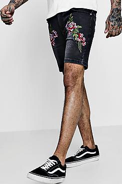 Boohoo Skinny Fit Denim Shorts With Embroidery