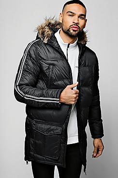 Boohoo Quilted Hooded Parka With Stripe Taping