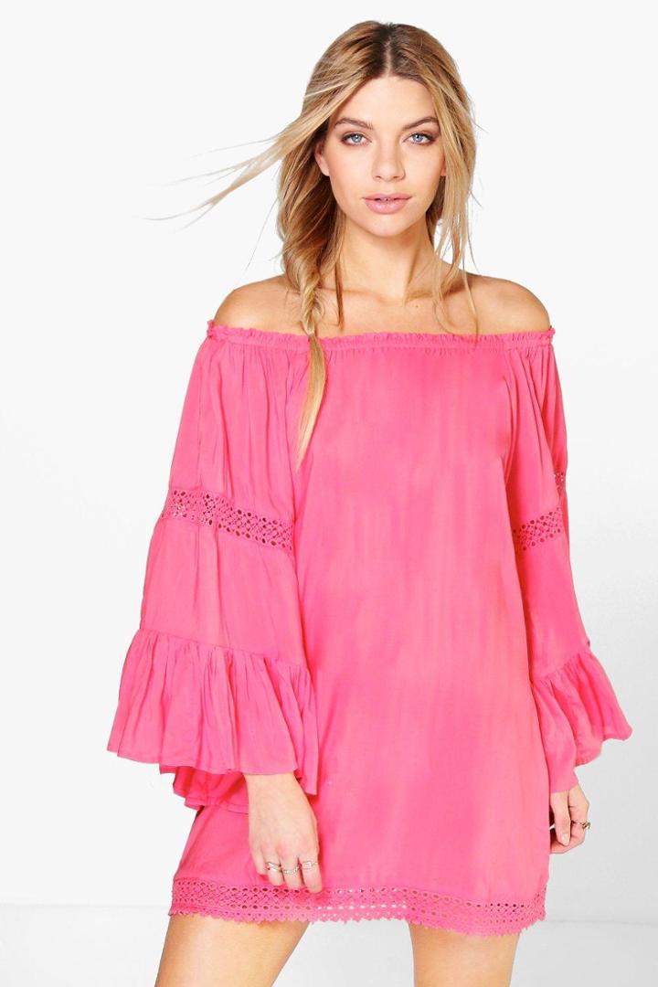 Boohoo Debbie Wide Sleeve Crochet Trim Bardot Dress Coral