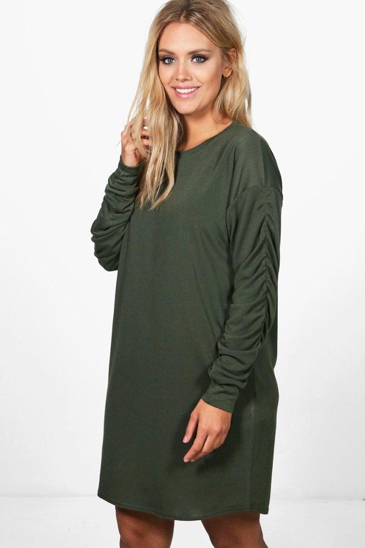 Boohoo Plus Libby Ruched Sleeve Oversized Sweat Dress Olive