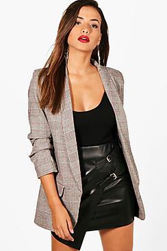 Boohoo Ivy Check Ruched Sleeve Blazer