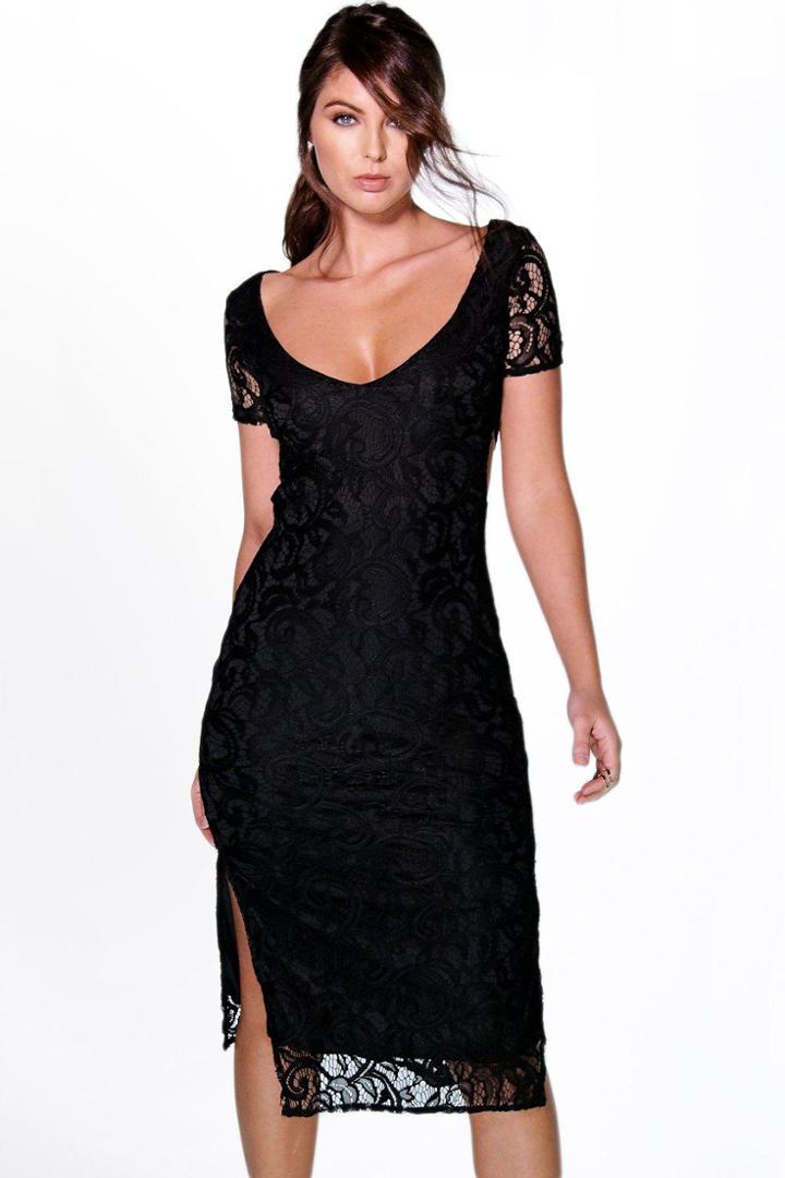 Boohoo Lydia Lace Double Split Cut Out Midi Dress Black