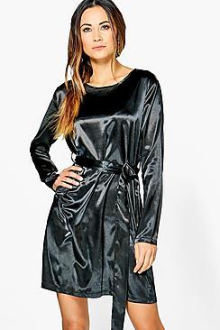 Boohoo Henrietta Satin D-ring Belted Shift Dress