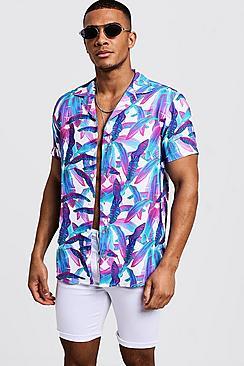 Boohoo Cobalt Leaf Print Short Sleeve Revere Shirt