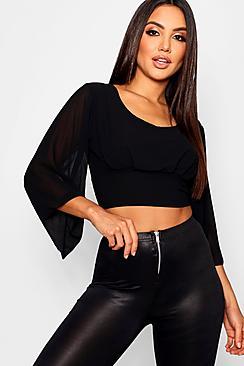 Boohoo Tie Back Flare Sleeve Woven Crop Top
