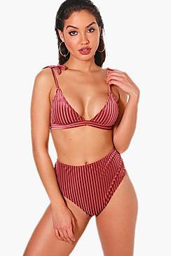 Boohoo Manhattan Velvet Pinstripe High Leg Bikini