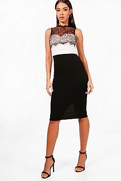 Boohoo Leona Rose Lace Trim Midi Dress