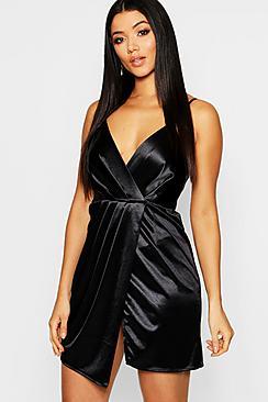 Boohoo Satin Drape Wrap Mini Bodycon Dress