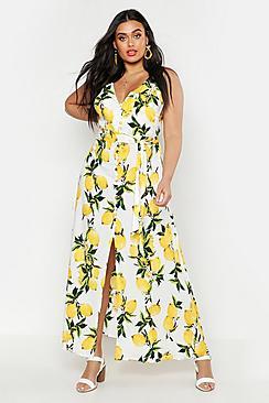 Boohoo Plus Lemon Button Detail Maxi Dress