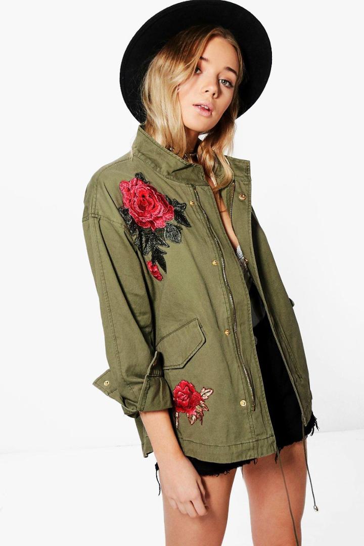 Boohoo Elizabeth Boutique Rose Embroidered Military Jacket Khaki
