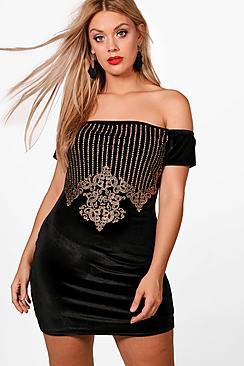 Boohoo Plus Maddie Embroidered Bardot Dress