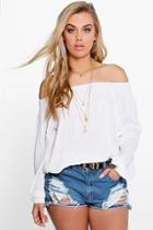 Boohoo Plus Emma Woven Crinkle Off The Shoulder Top White