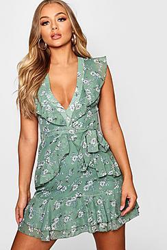 Boohoo Floral Frill Detail Skater Dress