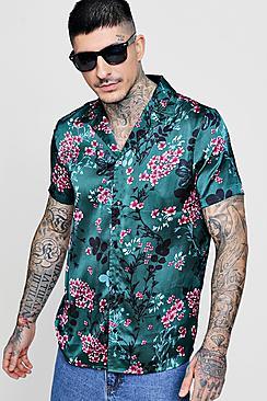 Boohoo Floral Print Satin Revere Short Sleeve Shirt