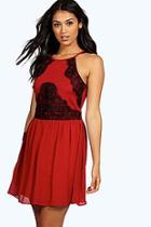 Boohoo Boutique Debbi Eyelash Lace Panel Chiffon Skater Dress