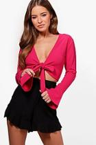 Boohoo Petite Tie Front Frill Sleeve Top