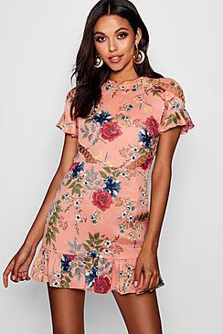 Boohoo Sakura Floral Lace Up Detail Mini Dress