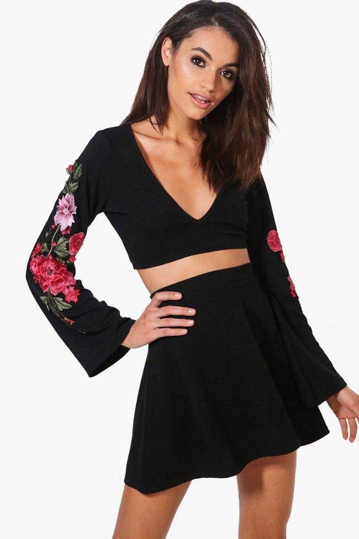 Boohoo Danielle Embroidered Sleeve Crop Top & Short Co-ord Set Black