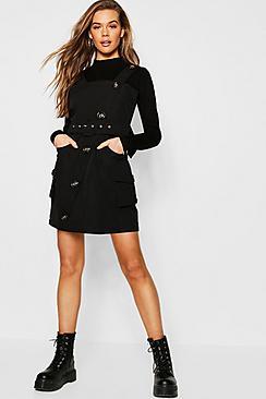 Boohoo Button Through Cargo Pocket Pinafore Dress