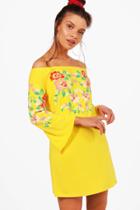 Boohoo Imogen Off Shoulder Printed Embroidery Shift Dress Yellow