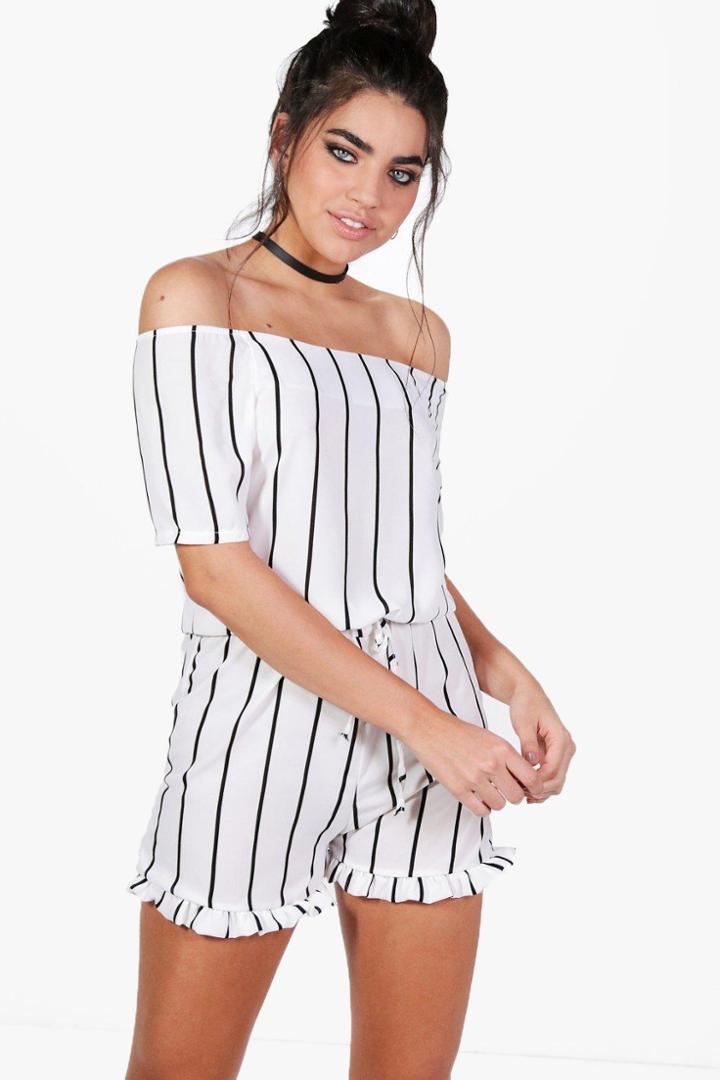 Boohoo Gianna Striped Off Shoulder Playsuit Ivory