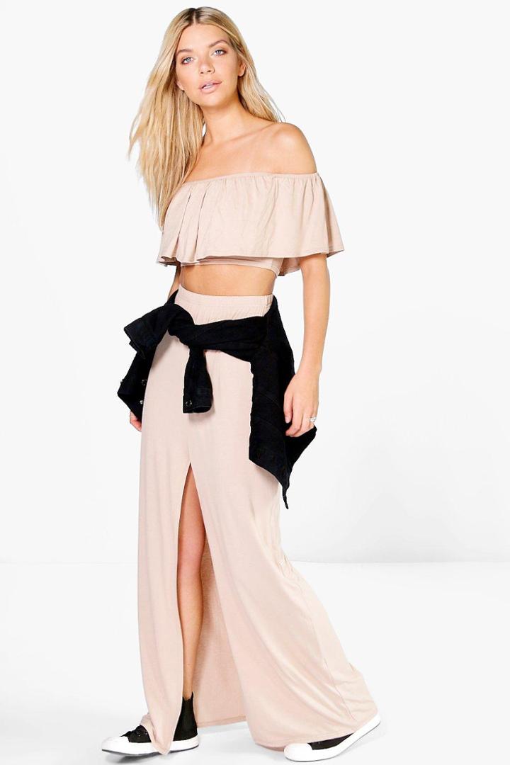 Boohoo Layla Ruffle Bandeau Top And Maxi Skirt Co-ord Sand