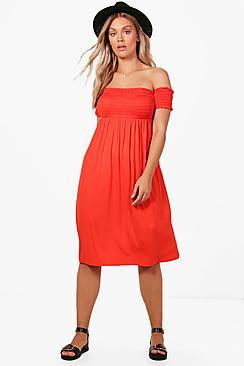 Boohoo Plus Lily Off The Shoulder Shirred Midi Dress