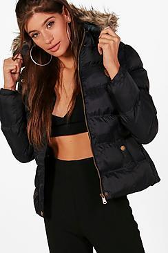 Boohoo Katia Quilted Faux Fur Trim Hood Coat