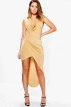 Boohoo Kira Textured Slinky Cowl Drape Midaxi Dress Gold