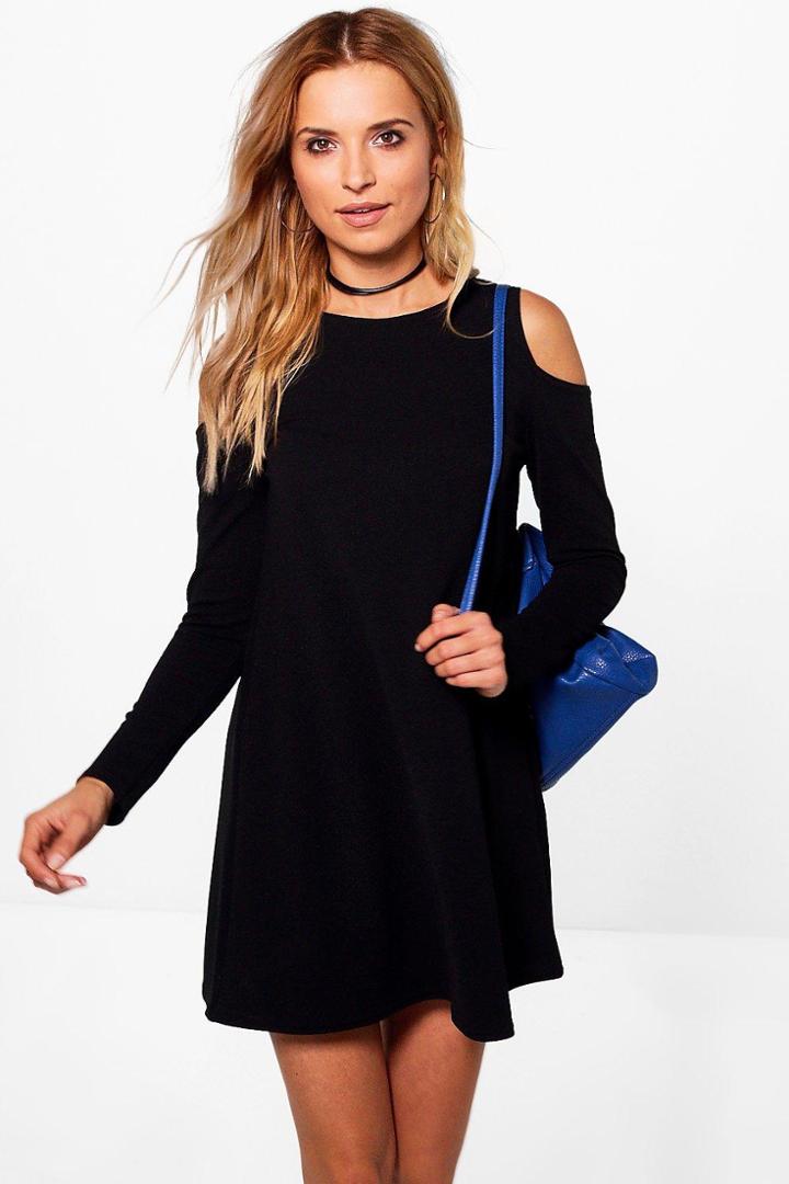 Boohoo Pearl Crepe Cold Shoulder Swing Dress Black