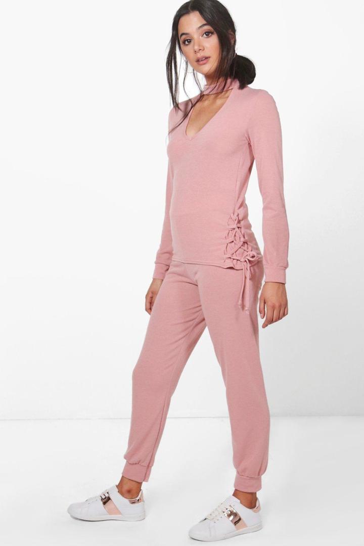 Boohoo Ella Lace Up Choker Knitted Lounge Set Nude