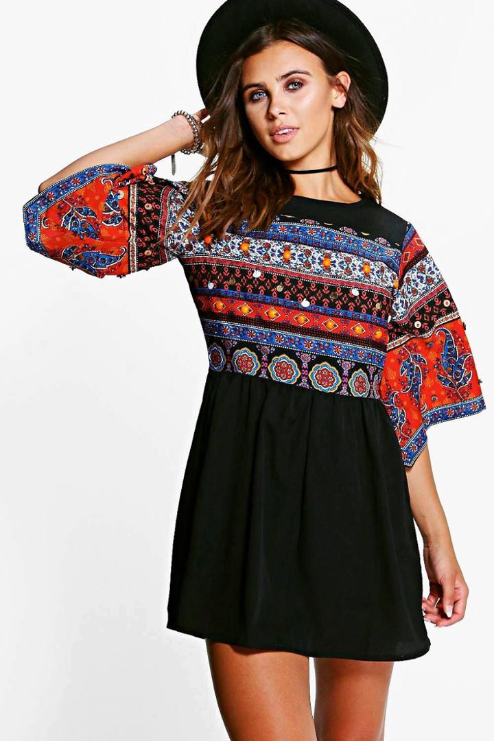 Boohoo Petite Eva Embellished Woven Wide Sleeve Dress Multi