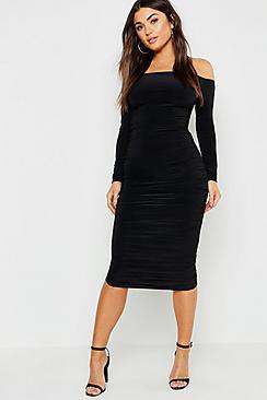 Boohoo Slinky Bardot Ruched Midaxi Dress