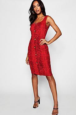 Boohoo Tall Button Front Snake Print Midi Bodycon Dress