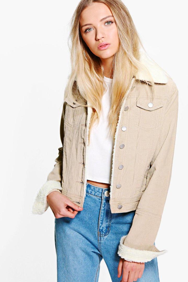 Boohoo Sally Slim Fit Borg Collar Cord Jacket Stone