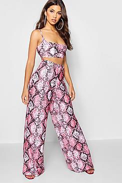 Boohoo Snake Print Wide Trouser And Crop Top Co-ord