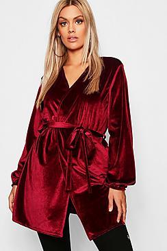 Boohoo Plus Velvet Balloon Sleeve Tie  Duster
