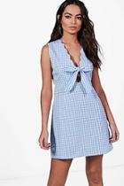 Boohoo Georgie Gingham Tie Front Skater Dress