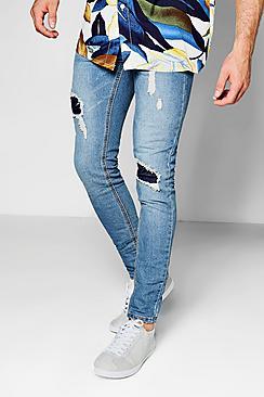 Boohoo Blue Denim Skinny Fit Jeans With Patchwork Knees