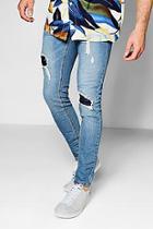 Boohoo Blue Denim Skinny Fit Jeans With Patchwork Knees